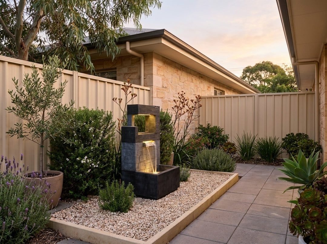 Peace Water Feature in a paved Adelaide courtyard at dusk, water running and its integrated LED lighting glowing