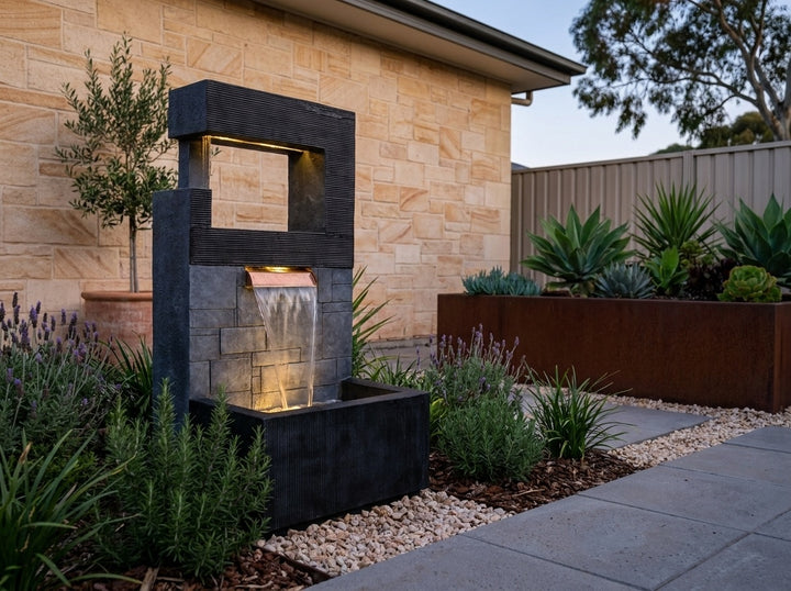 Peace Water Feature in a paved Adelaide courtyard at dusk, water running and its integrated LED lighting glowing