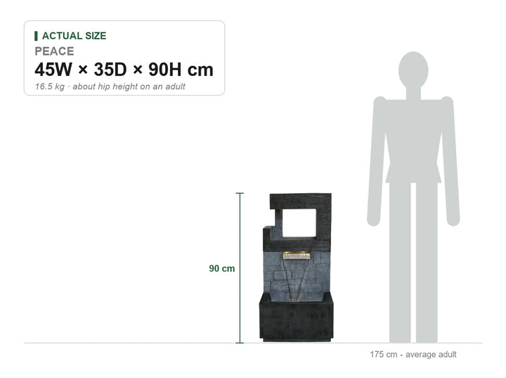 Peace Water Feature size guide showing its real dimensions, 45W × 35D × 90H cm, drawn to scale beside a 175 cm adult