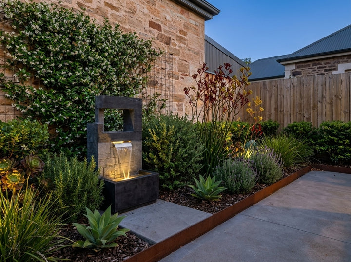 Peace Water Feature in a small city townhouse garden at dusk, water running and its integrated LED lighting glowing
