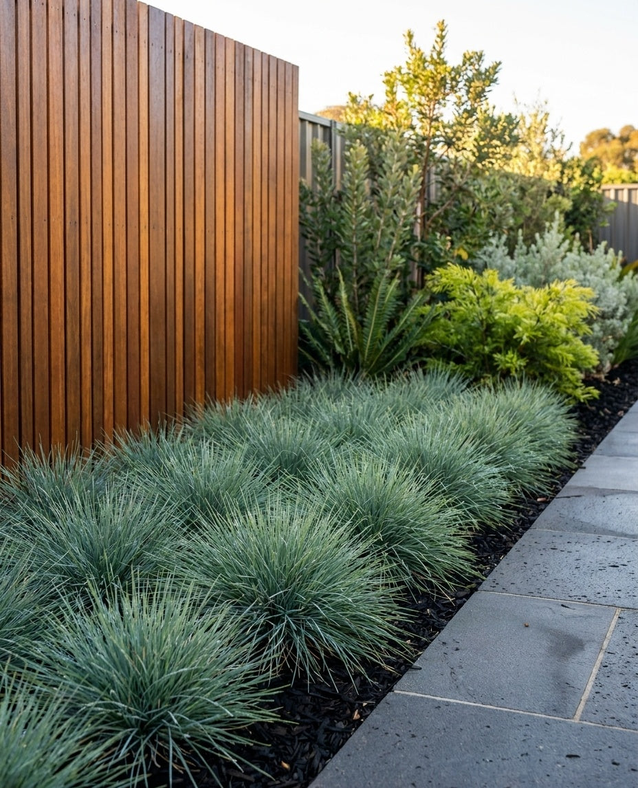 Poa australis carpeting the front of a mixed garden bed beneath taller planting in an Adelaide garden.
