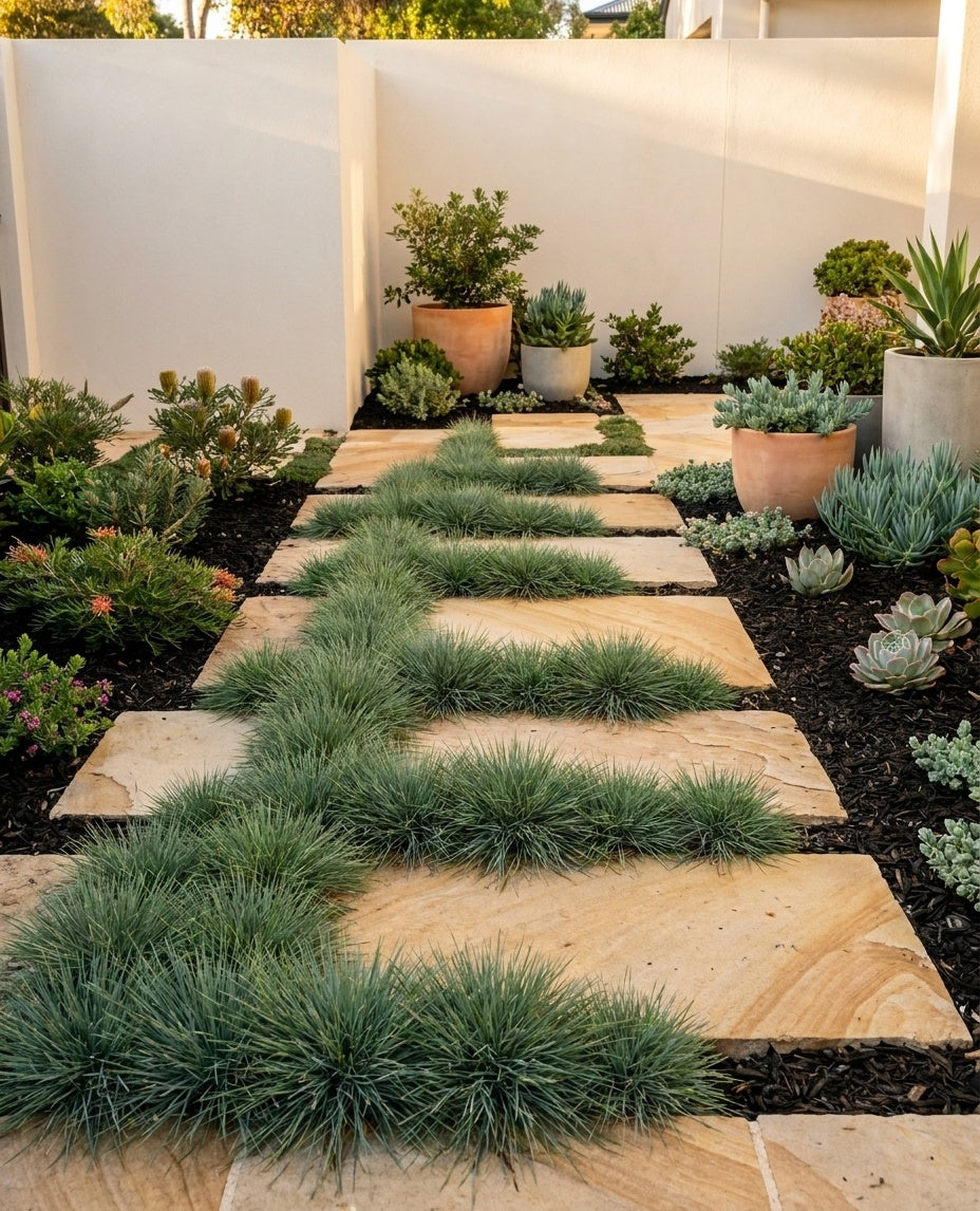 Poa australis planted between stepping pavers as a soft lawn alternative in an Adelaide garden.