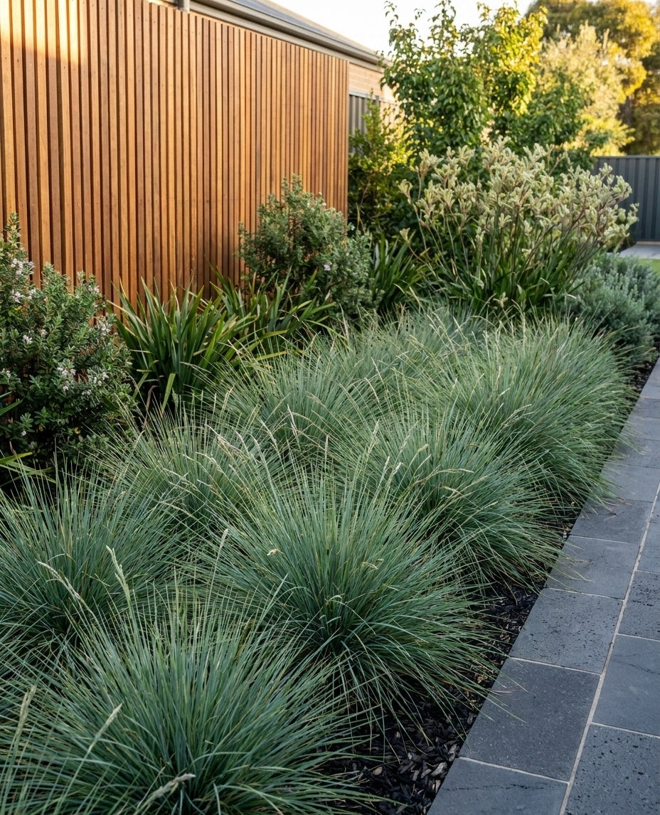 Poa Poiformis carpeting the front of a mixed garden bed beneath taller planting in an Adelaide garden.