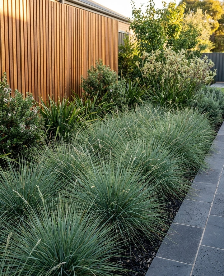 Poa Poiformis carpeting the front of a mixed garden bed beneath taller planting in an Adelaide garden.