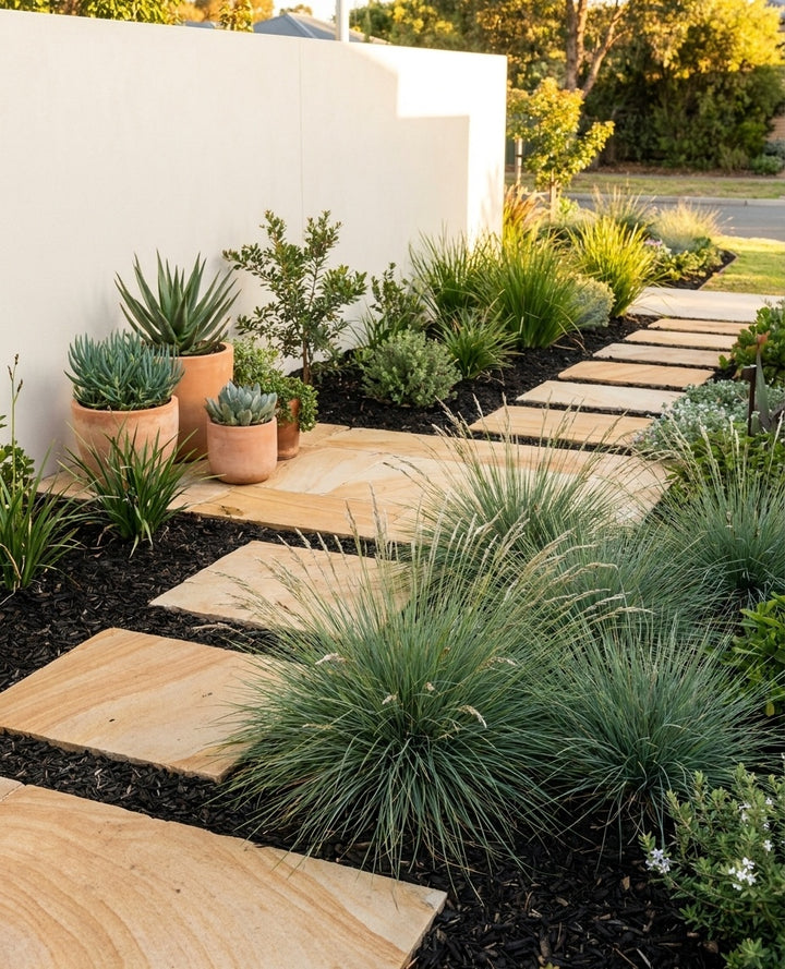 Poa Poiformis planted between stepping pavers as a soft lawn alternative in an Adelaide garden.