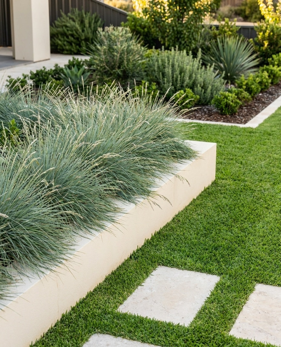 Poa Poiformis massed as a groundcover spilling over a low retaining wall in an Adelaide garden.