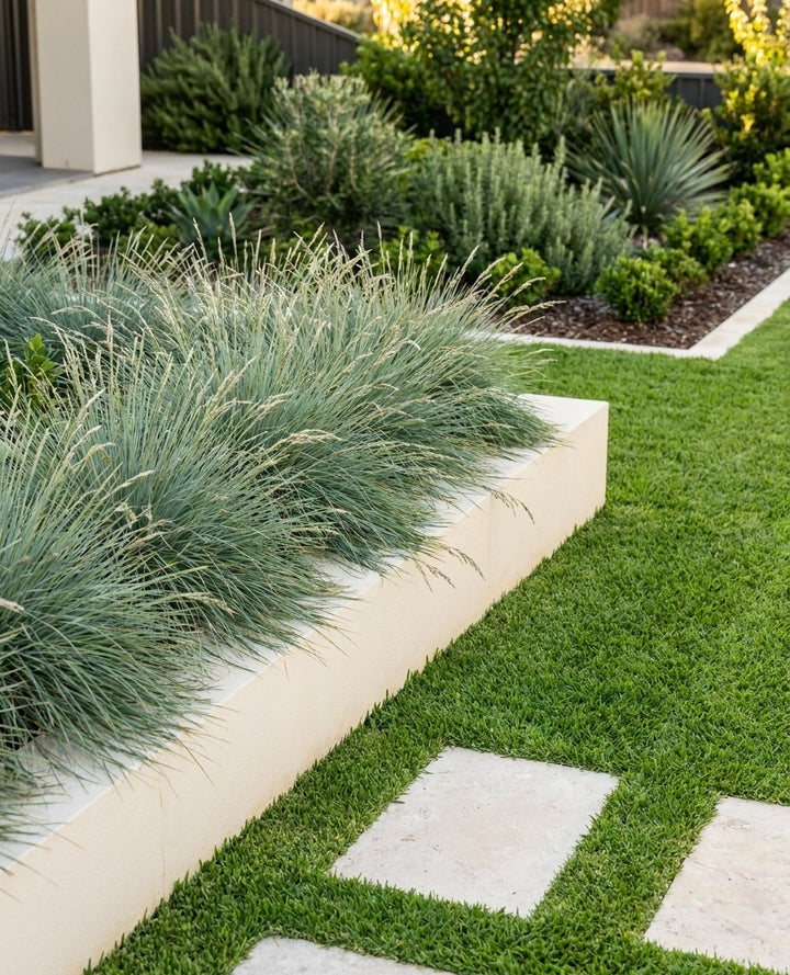 Poa Poiformis massed as a groundcover spilling over a low retaining wall in an Adelaide garden.