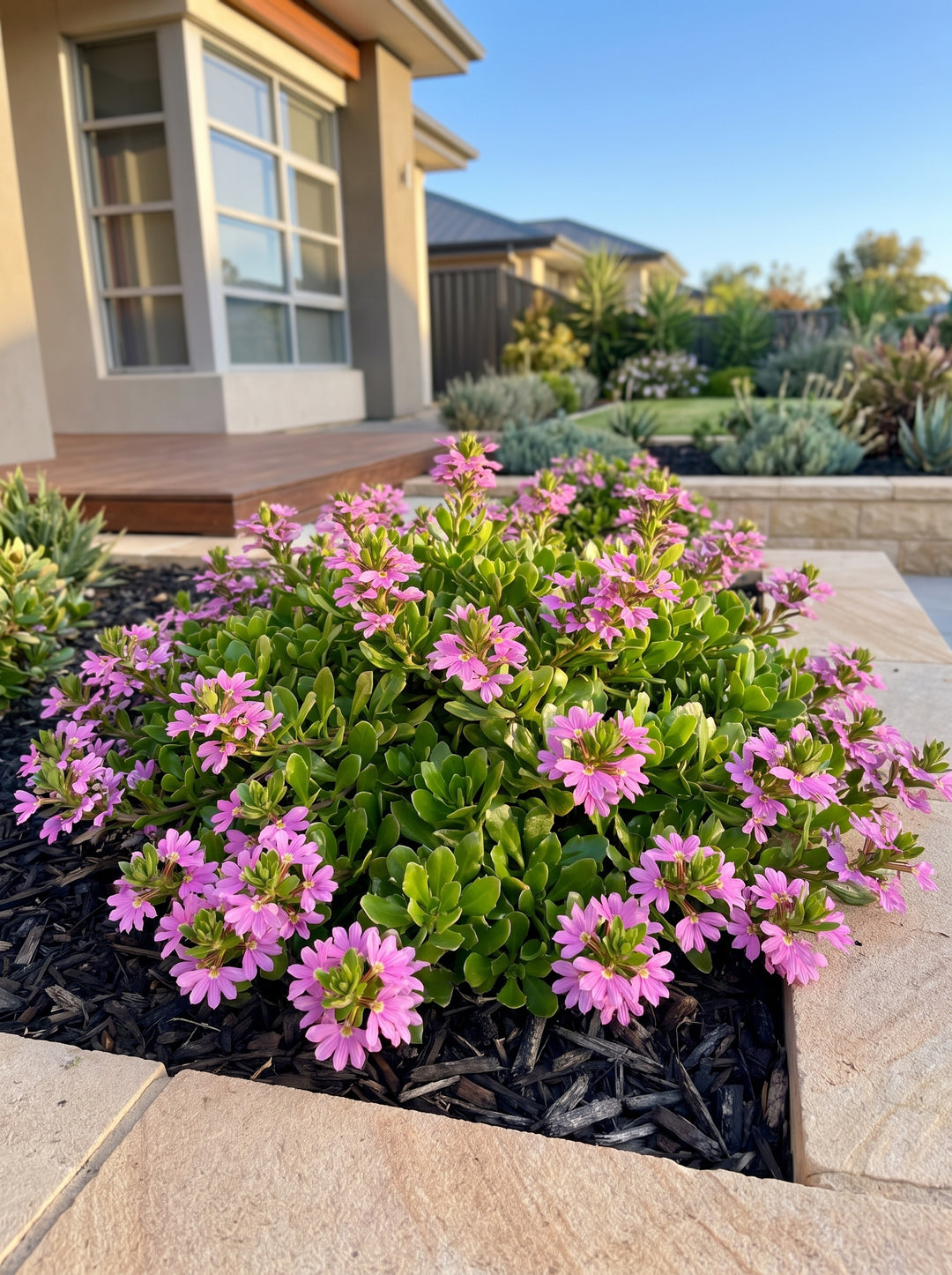 Scaevola 'Pink Perfection' fan flower groundcover with pink blooms spilling over a raised bed, Adelaide | Adelaide Plant Co