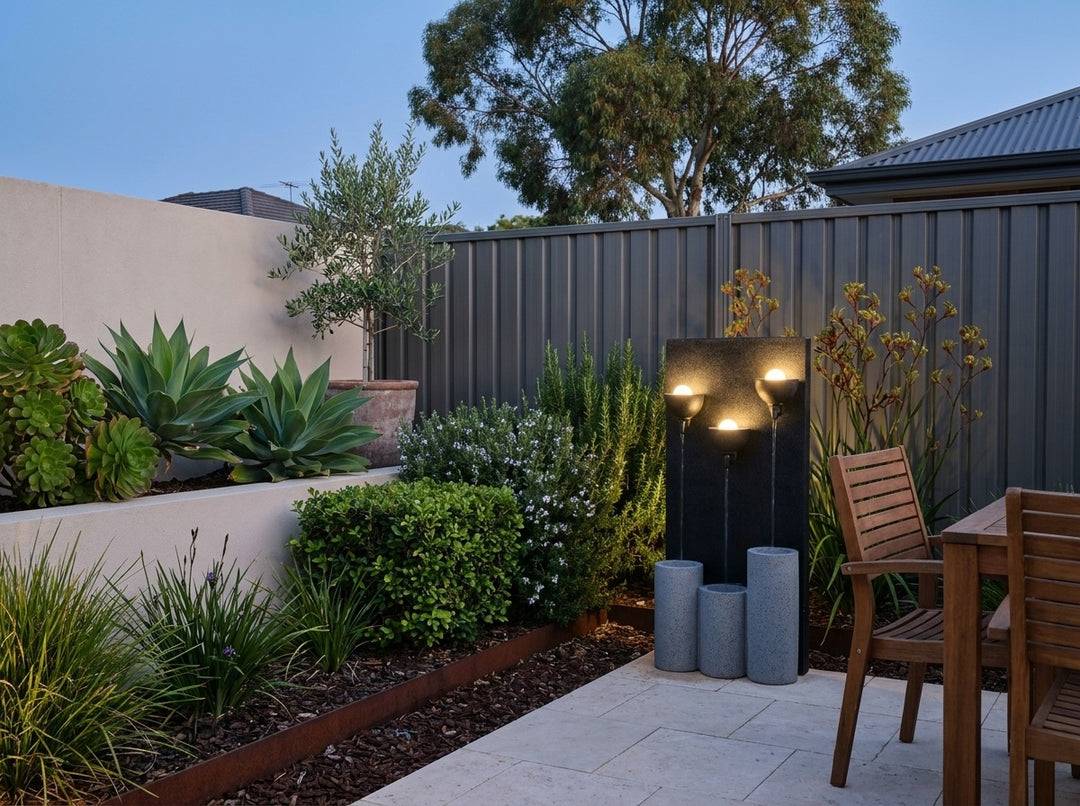 Serenity Water Feature in a paved Adelaide courtyard at dusk, water running and its integrated LED lighting glowing