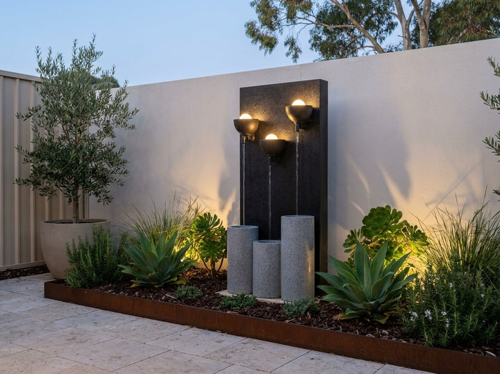 Serenity Water Feature in a paved Adelaide courtyard at dusk, water running and its integrated LED lighting glowing