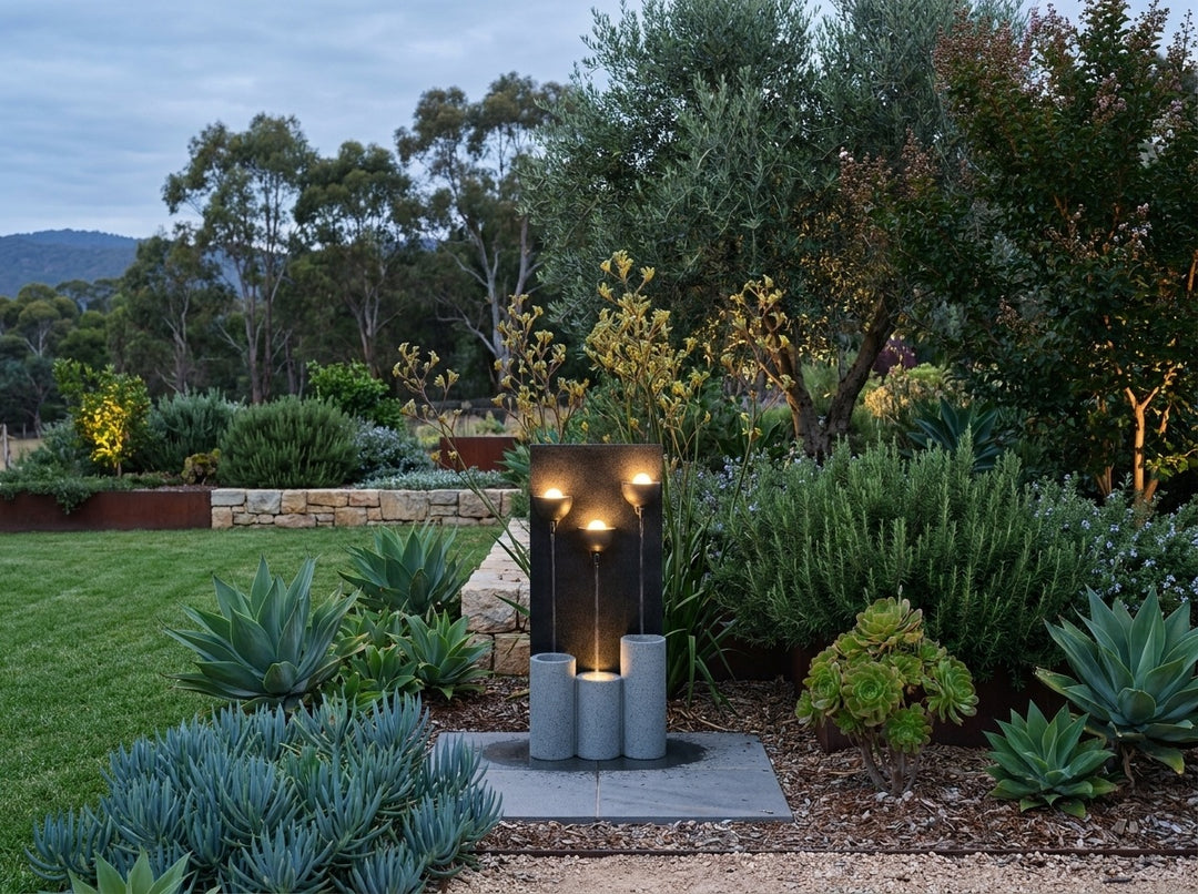 Serenity Water Feature in an established Adelaide Hills garden at dusk, water running and its integrated LED lighting glowing