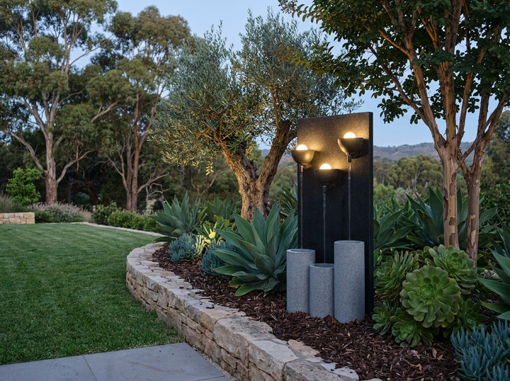 Serenity Water Feature in an established Adelaide Hills garden at dusk, water running and its integrated LED lighting glowing