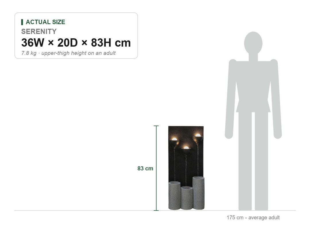 Serenity Water Feature size guide showing its real dimensions, 36W × 20D × 83H cm, drawn to scale beside a 175 cm adult