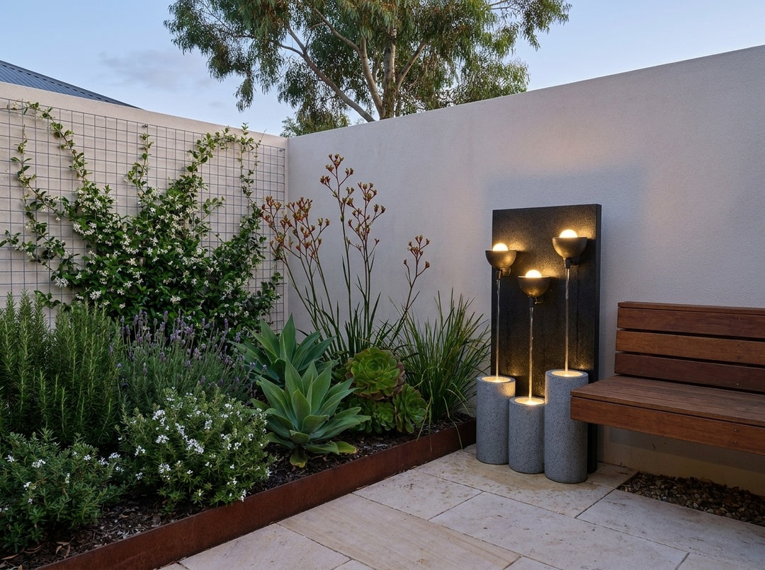 Serenity Water Feature in a small city townhouse garden at dusk, water running and its integrated LED lighting glowing