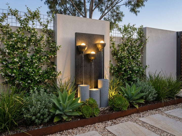 Serenity Water Feature in a small city townhouse garden at dusk, water running and its integrated LED lighting glowing