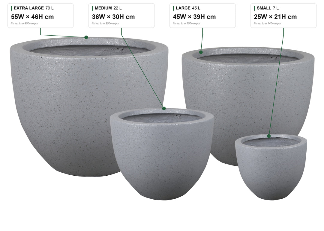 Sienna size guide: Small 7 L, 25W x 21H cm, fits up to a 140mm pot; Medium 22 L, 36W x 30H cm, 200mm; Large 45 L, 45W x 39H cm, 300mm; Extra Large 79 L, 55W x 46H cm, 400mm