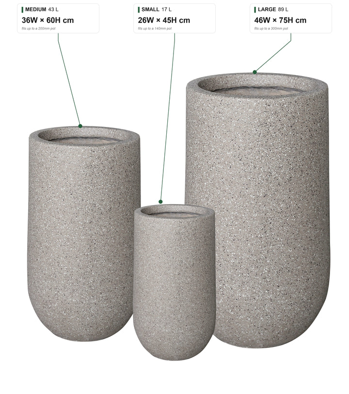 Sorento size guide: Small 17 L, 26W x 45H cm, fits up to a 140mm pot; Medium 43 L, 36W x 60H cm, fits up to a 200mm pot; Large 89 L, 46W x 75H cm, fits up to a 300mm pot