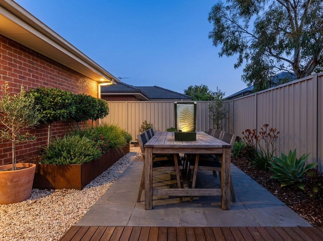 Tranquility Water Feature in a paved Adelaide courtyard at dusk, water running and its integrated LED lighting glowing