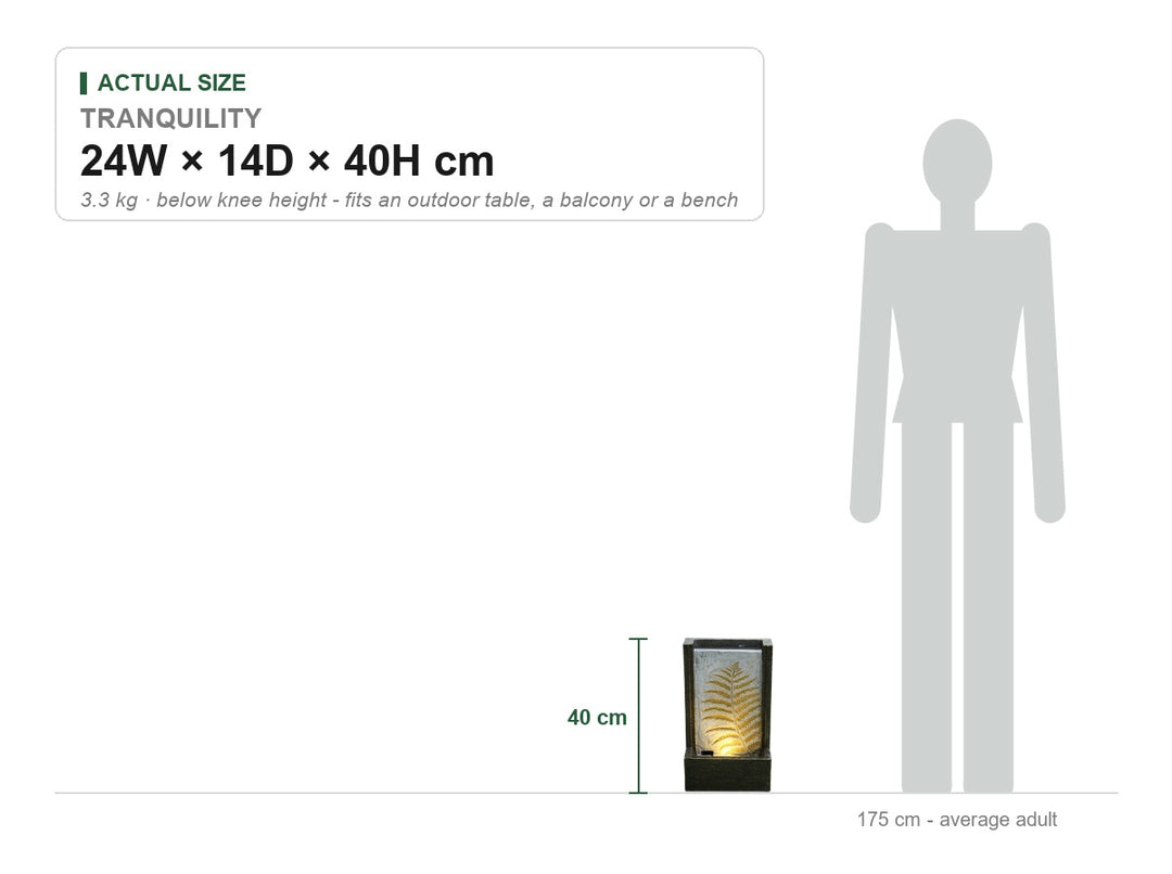 Tranquility Water Feature size guide showing its real dimensions, 24W × 14D × 40H cm, drawn to scale beside a 175 cm adult