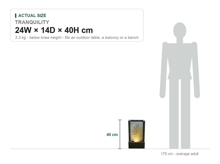 Tranquility Water Feature size guide showing its real dimensions, 24W × 14D × 40H cm, drawn to scale beside a 175 cm adult