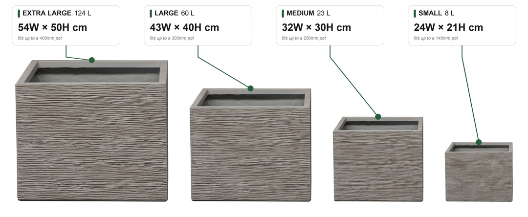 Tuscany Square size guide: Small 8 L, 24W x 21H cm, fits up to a 140mm pot; Medium 23 L, 32W x 30H cm, 250mm; Large 60 L, 43W x 40H cm, 300mm; Extra Large 124 L, 54W x 50H cm, 400mm