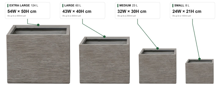Tuscany Square size guide: Small 8 L, 24W x 21H cm, fits up to a 140mm pot; Medium 23 L, 32W x 30H cm, 250mm; Large 60 L, 43W x 40H cm, 300mm; Extra Large 124 L, 54W x 50H cm, 400mm