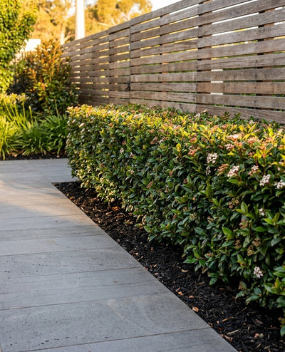 Viburnum Tinus planted as a neat clipped hedge edging a garden bed beside a path in an Adelaide garden.