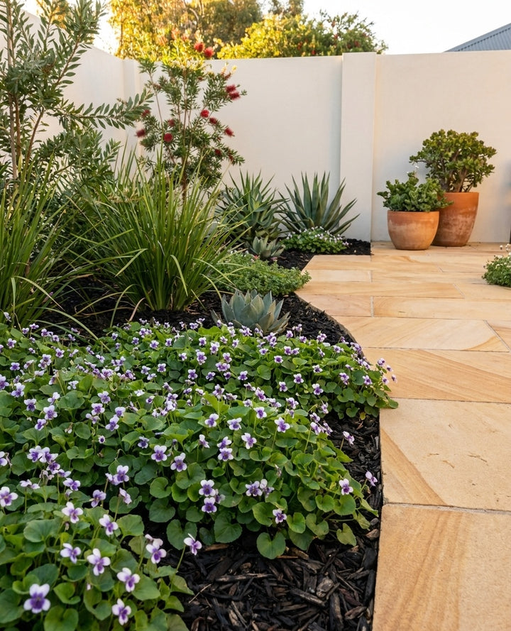 Viola Hederacea carpeting the front of a mixed garden bed beneath taller planting in an Adelaide garden.