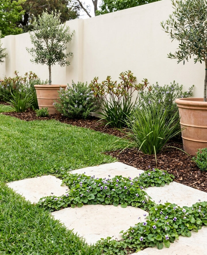 Viola Hederacea planted between stepping pavers as a soft lawn alternative in an Adelaide garden.