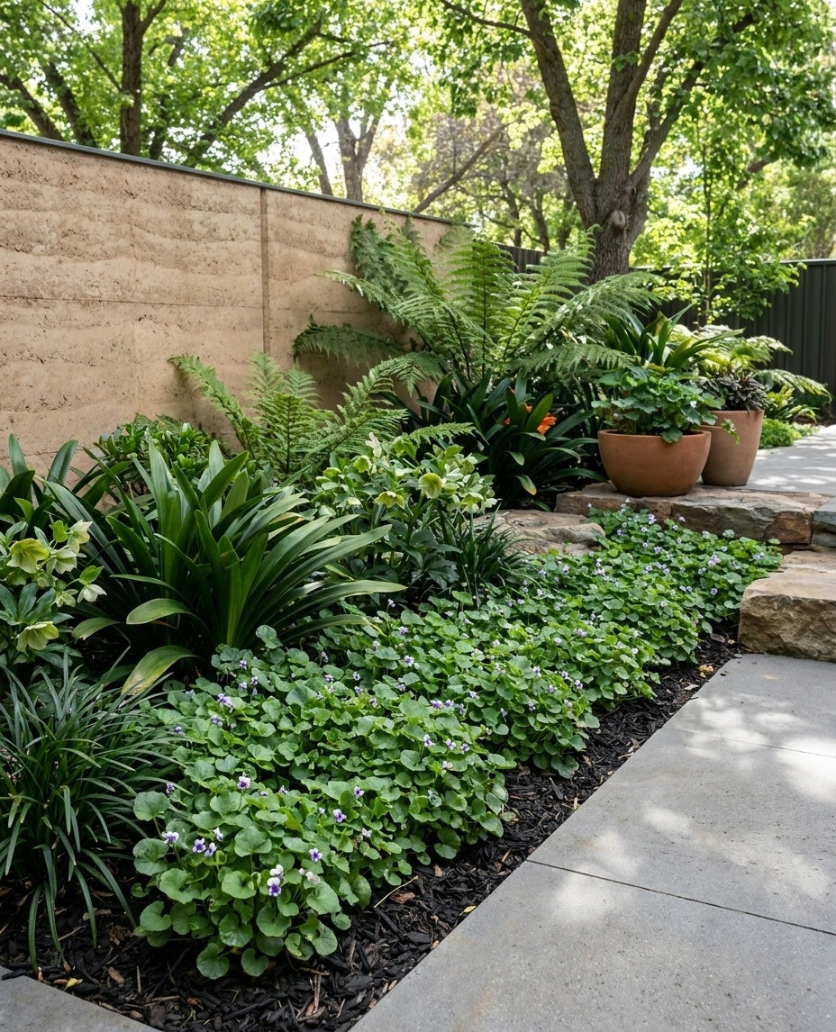 Viola Hederacea planted between stepping pavers as a soft lawn alternative in an Adelaide garden.