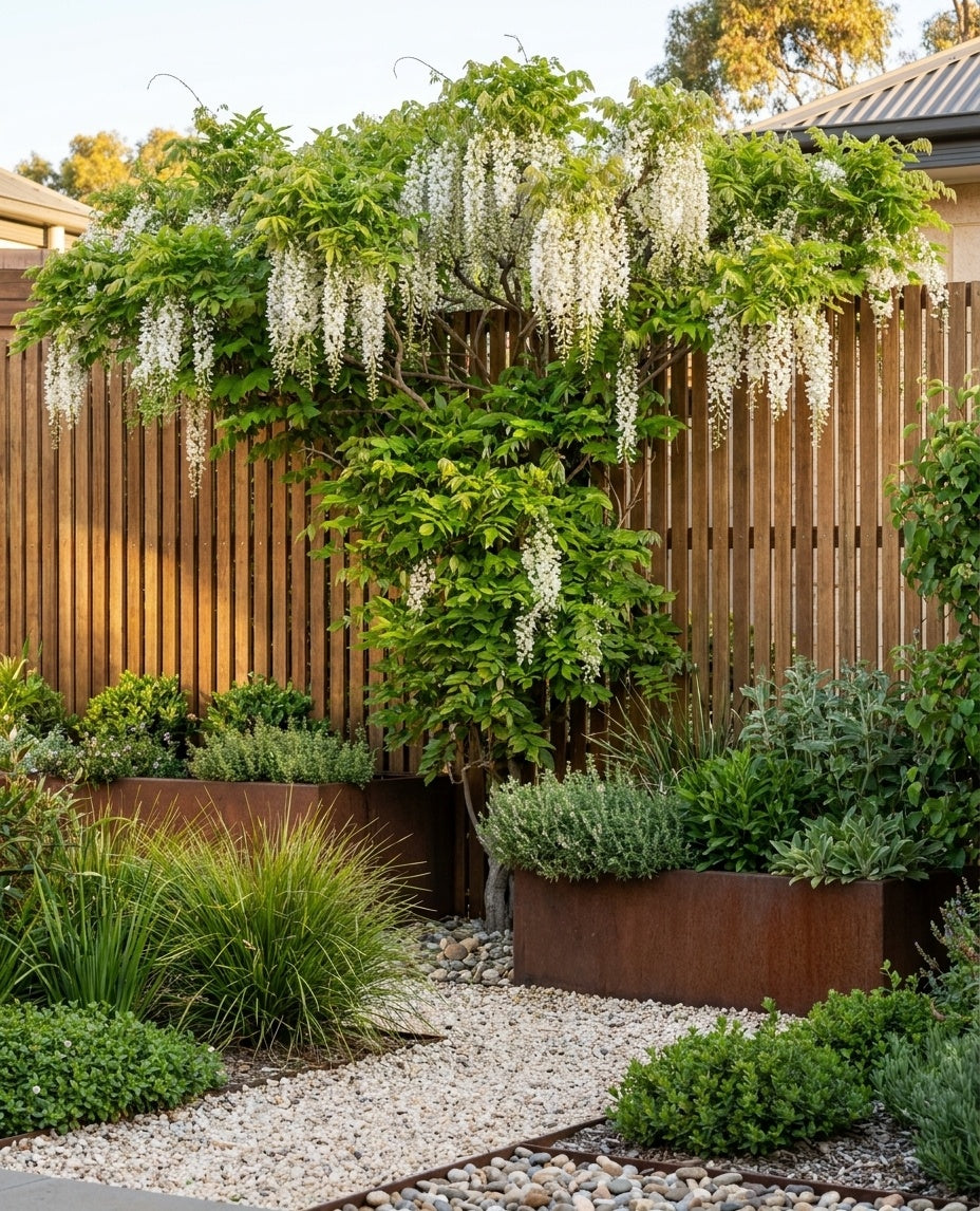 Wisteria floribunda Alba trained over a timber-batten privacy screen in an Adelaide garden.