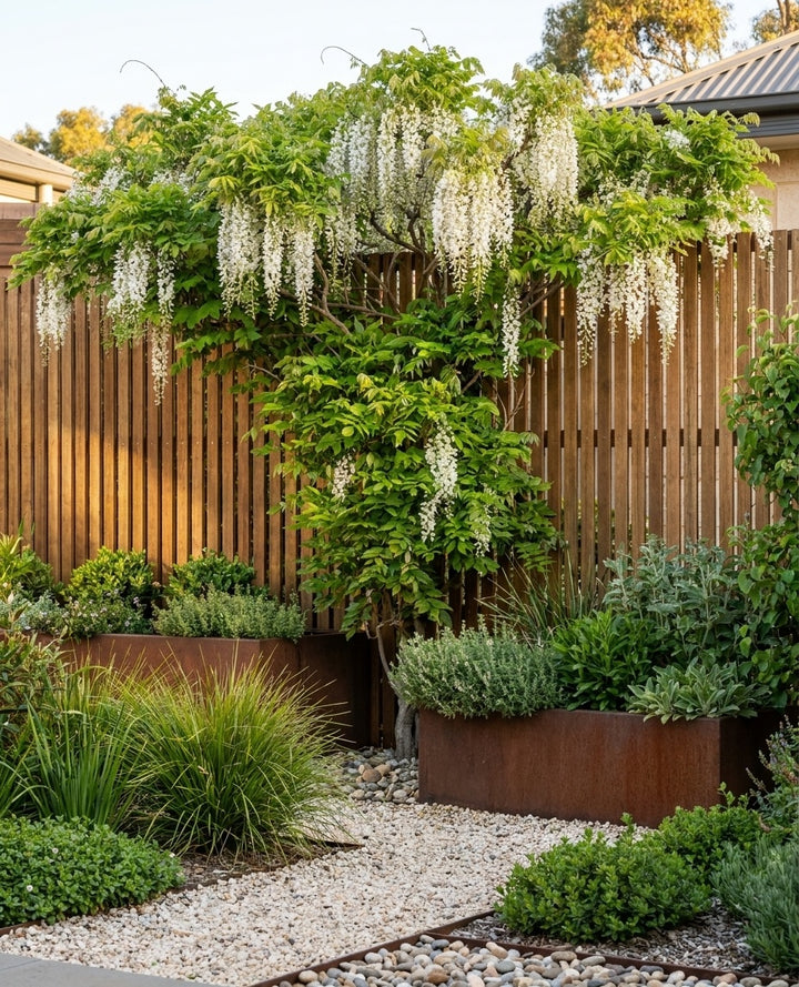 Wisteria floribunda Alba trained over a timber-batten privacy screen in an Adelaide garden.
