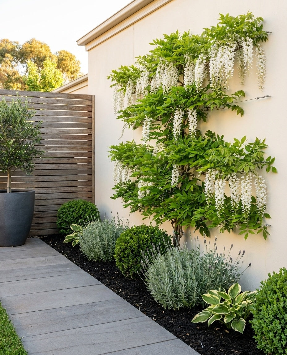 Wisteria floribunda Alba espaliered against a rendered courtyard wall in an Adelaide garden.