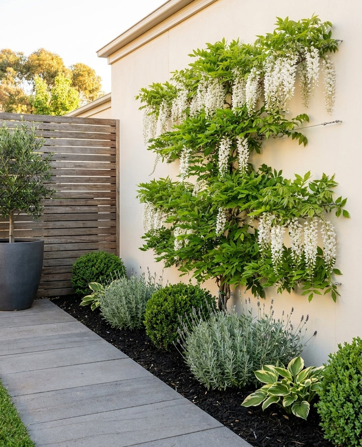Wisteria floribunda Alba espaliered against a rendered courtyard wall in an Adelaide garden.