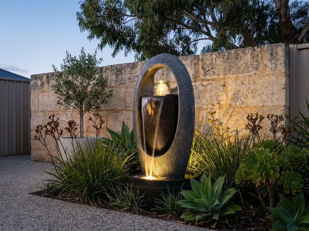 Zen Water Feature in a paved Adelaide courtyard at dusk, water running and its integrated LED lighting glowing