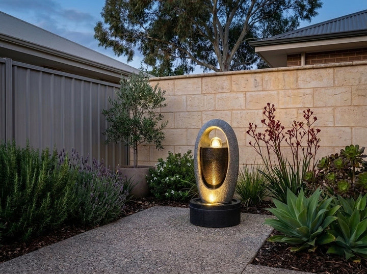 Zen Water Feature in a paved Adelaide courtyard at dusk, water running and its integrated LED lighting glowing