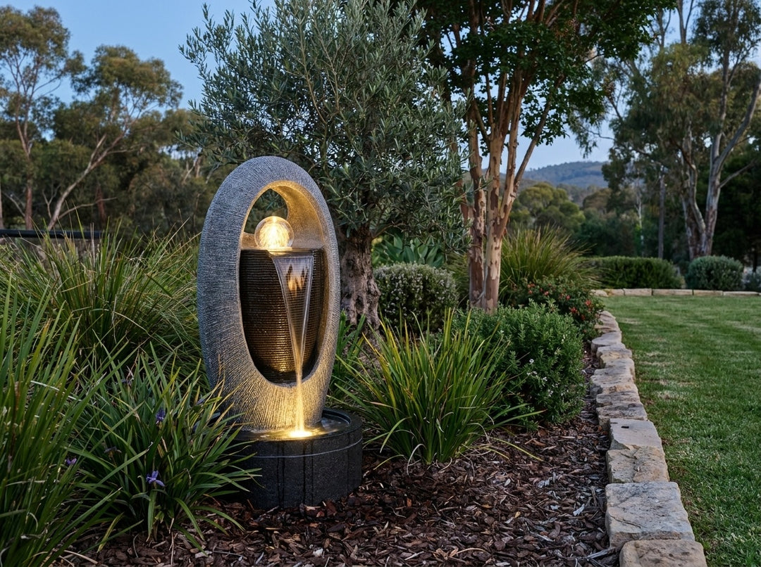 Zen Water Feature in an established Adelaide Hills garden at dusk, water running and its integrated LED lighting glowing