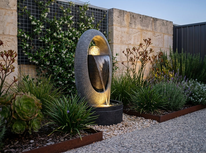 Zen Water Feature in a small city townhouse garden at dusk, water running and its integrated LED lighting glowing