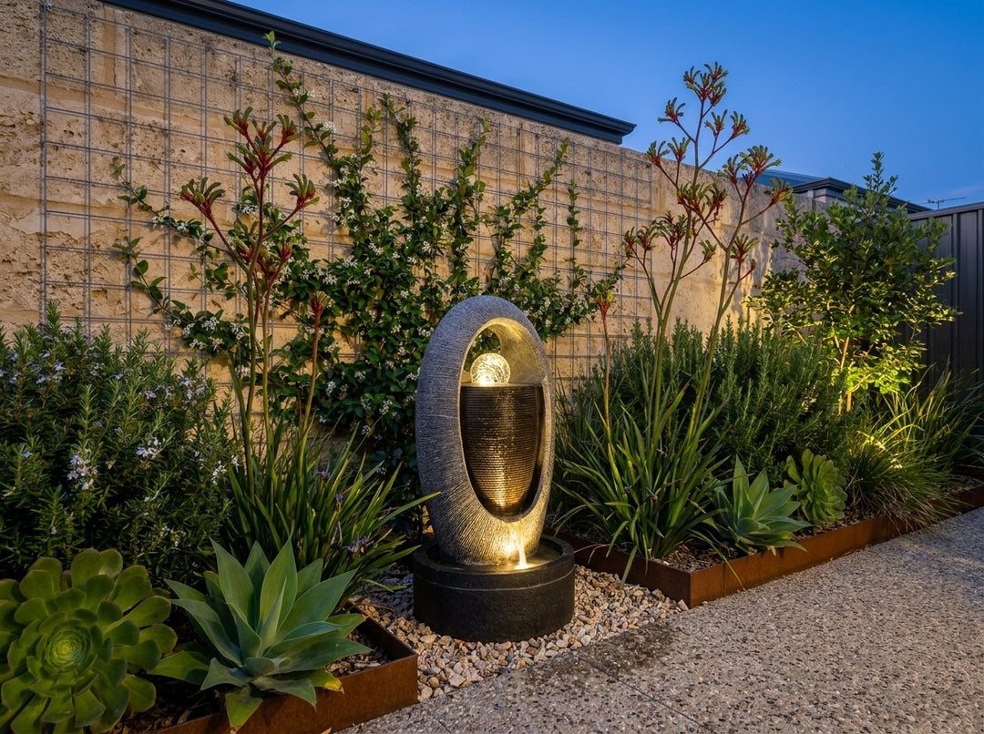 Zen Water Feature in a small city townhouse garden at dusk, water running and its integrated LED lighting glowing